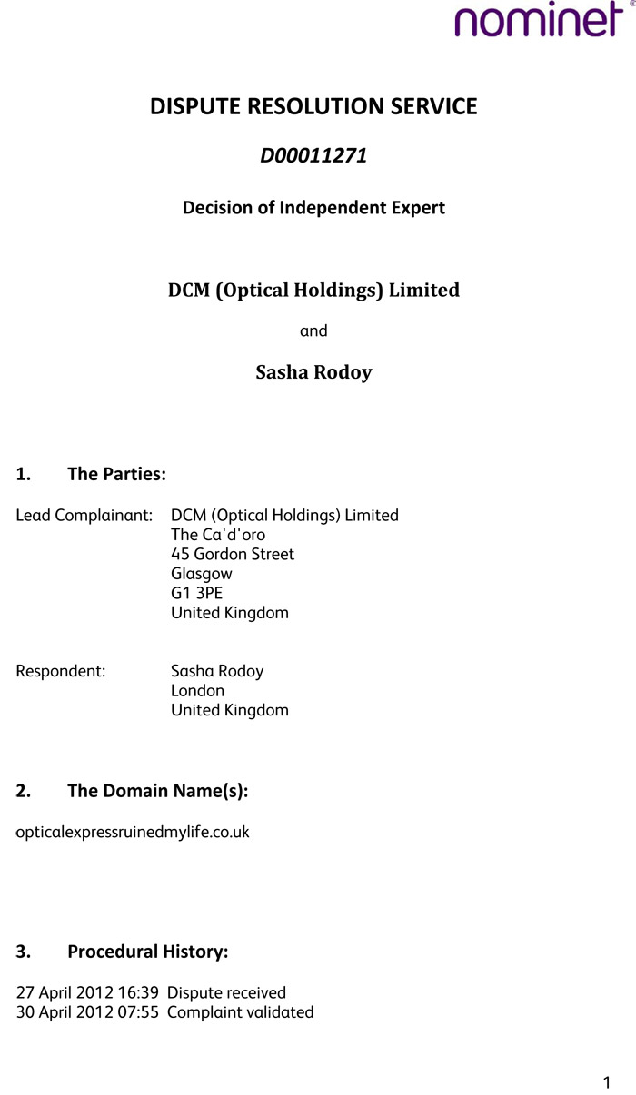 OpticalExpressRuinedMyLife.co.uk - Nominet Decision